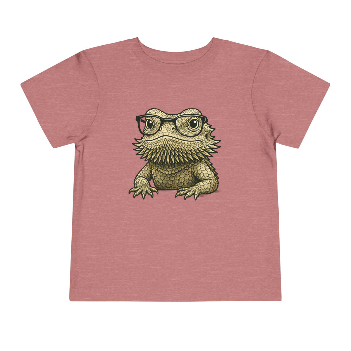 Bearded dragon in glasses, printed on a heather mauve toddler shirt
