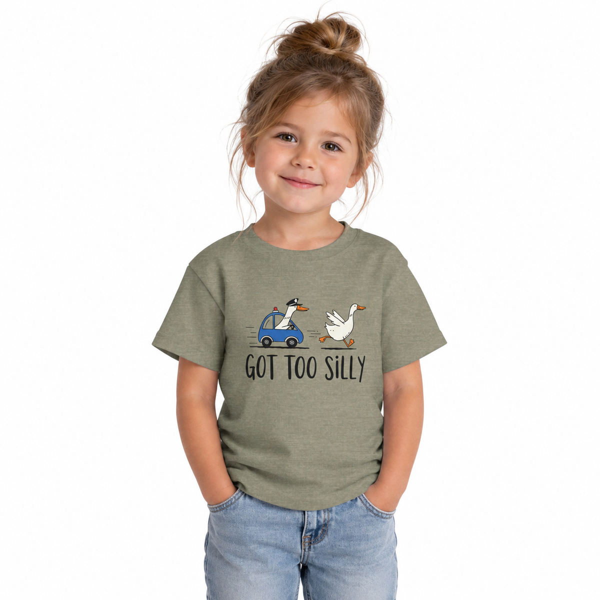 Goose running from a police car with the line Got Too Silly, printed on a toddler shirt