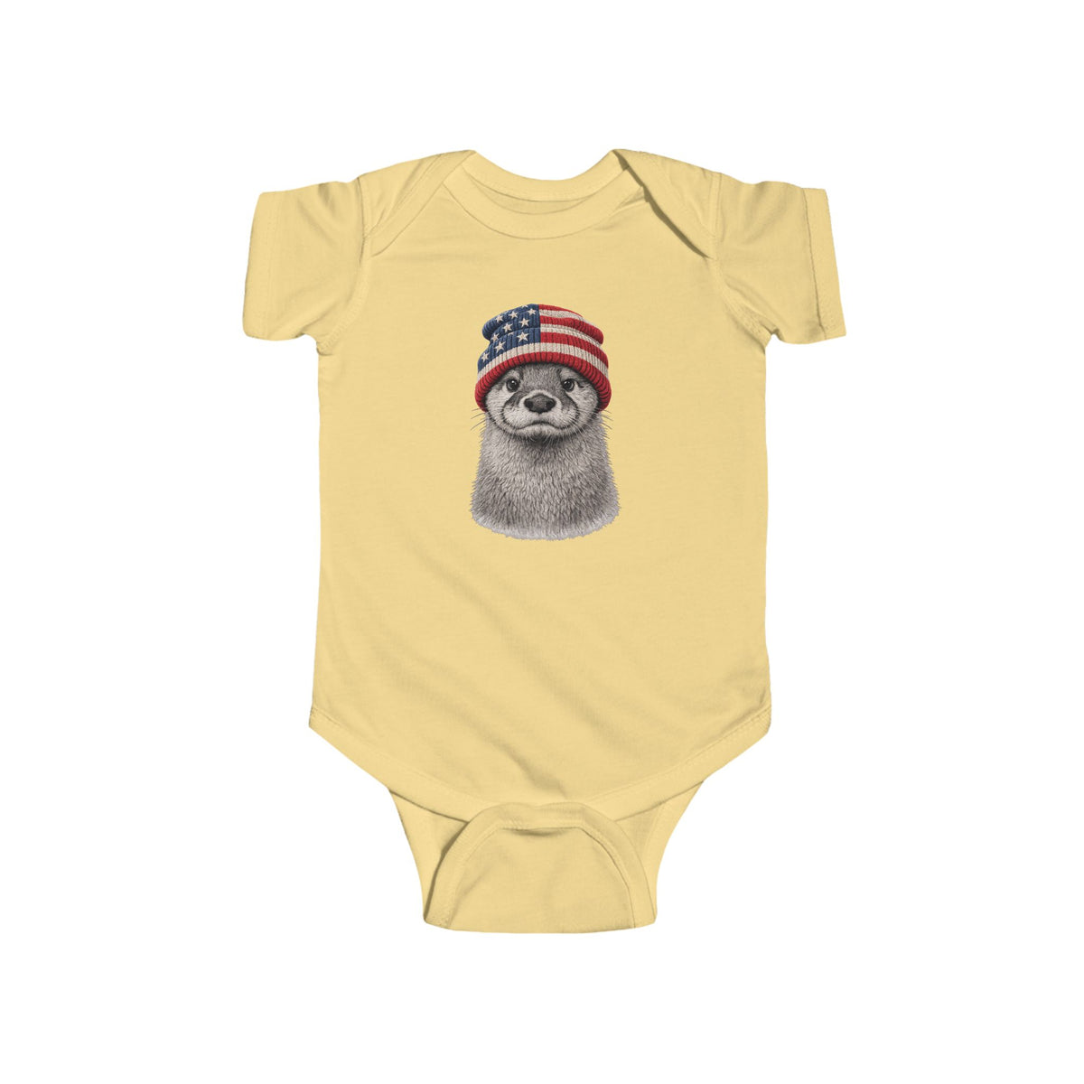 Otter in a USA flag knitted beanie, on a butter yellow baby bodysuit