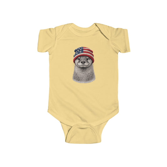 Otter in a USA flag knitted beanie, on a butter yellow baby bodysuit