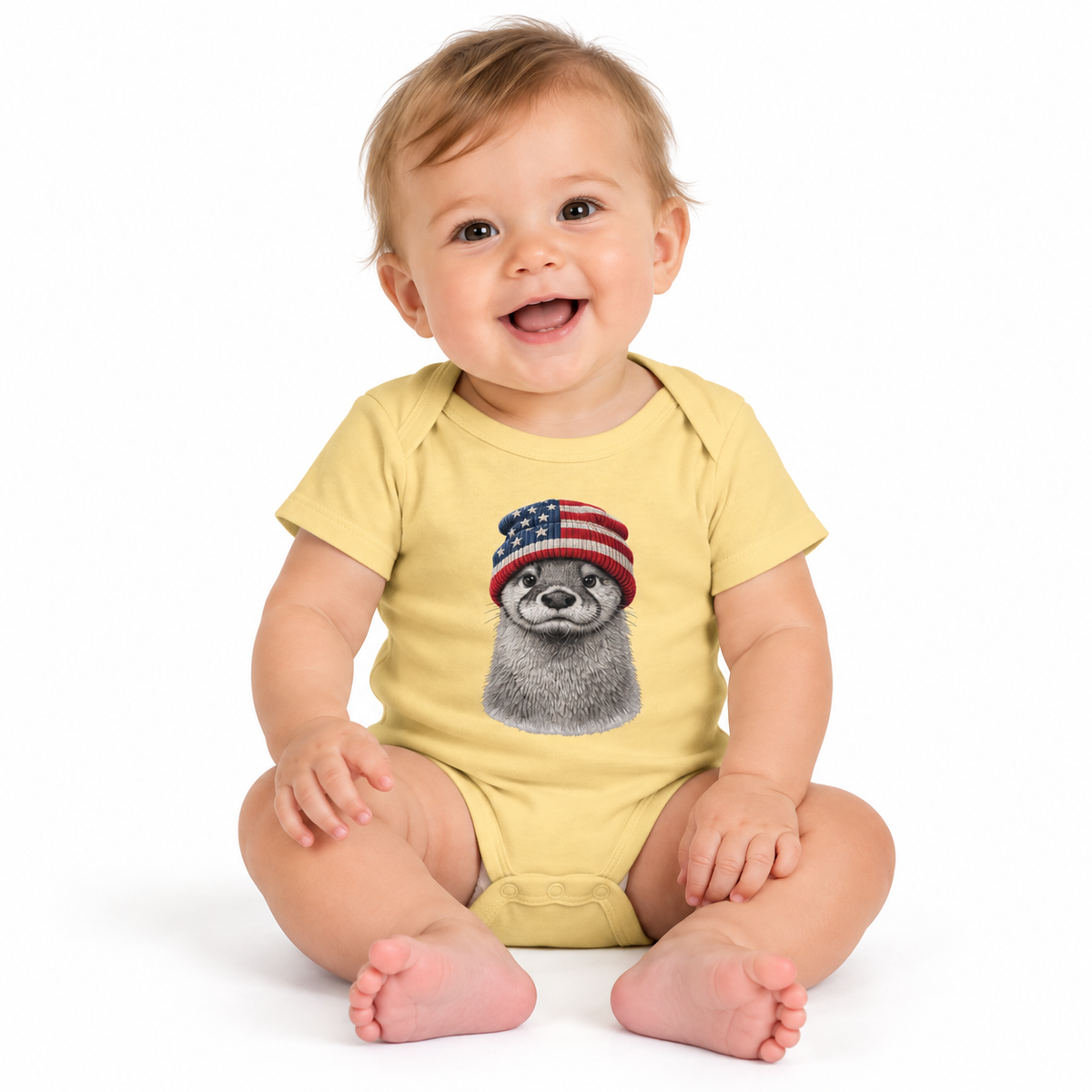 USA beanie otter design on a baby bodysuit