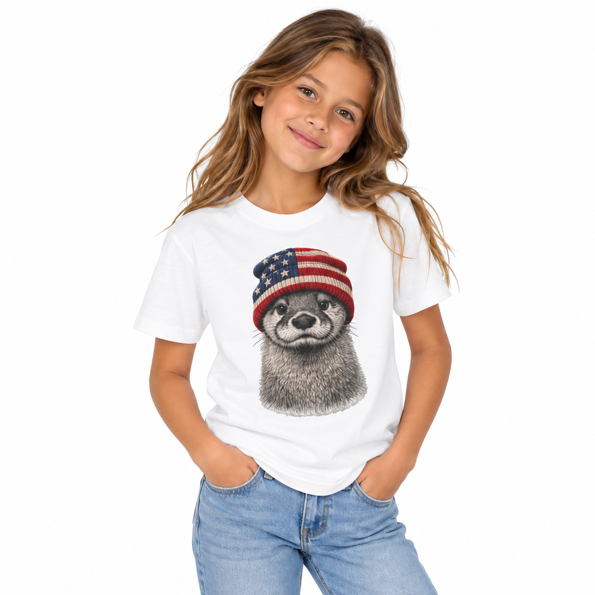 USA beanie otter design on a kids graphic tee