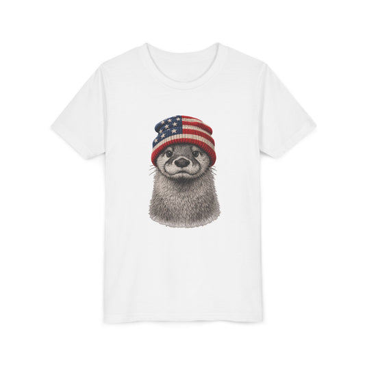 Otter in a USA flag knitted beanie, on a white kids shirt