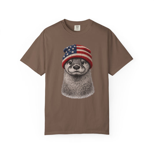 Otter in a USA flag knitted beanie, on an espresso men's shirt