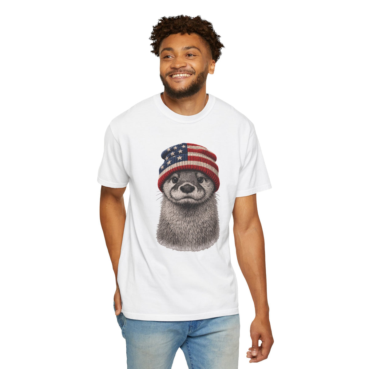 USA beanie otter design on a men's Comfort Colors shirt