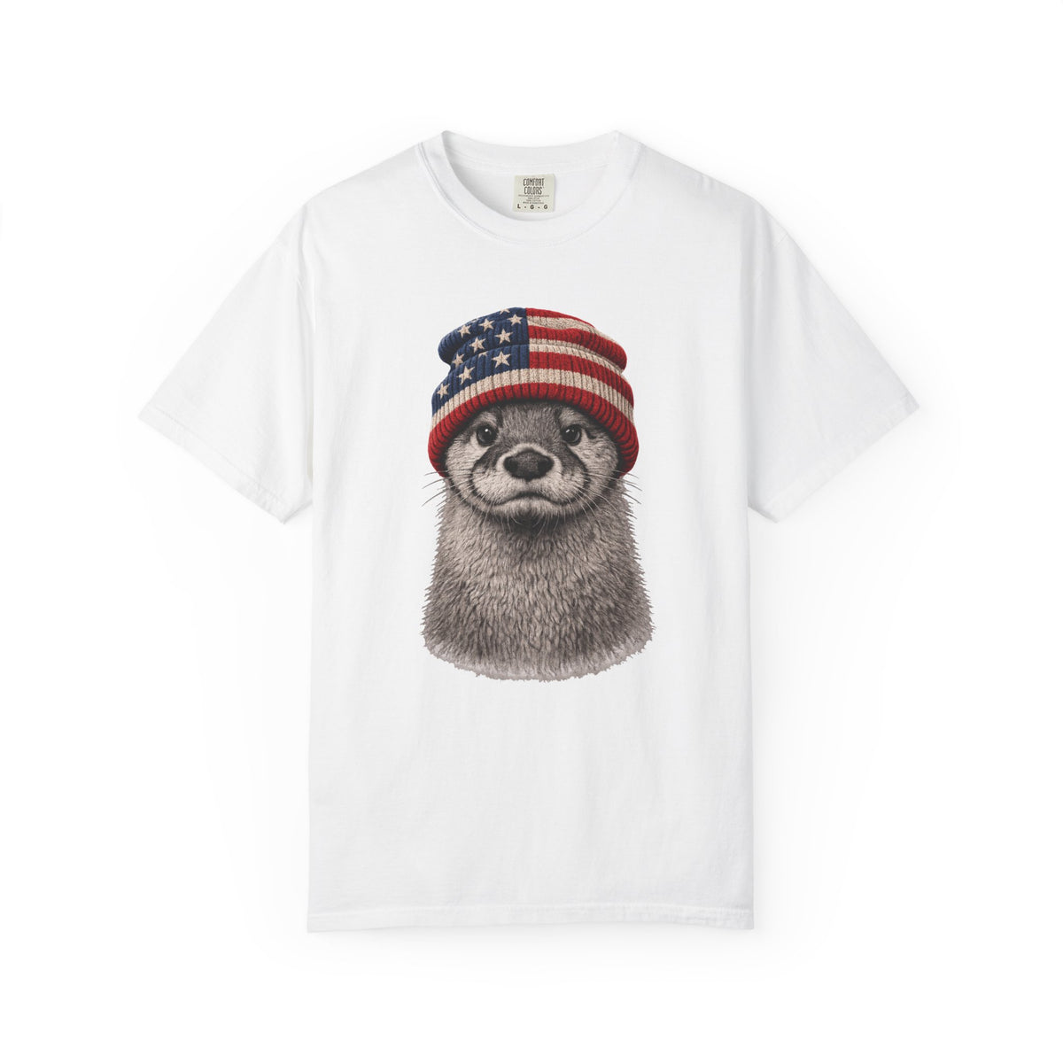 Otter in a USA flag knitted beanie, on a white men's shirt