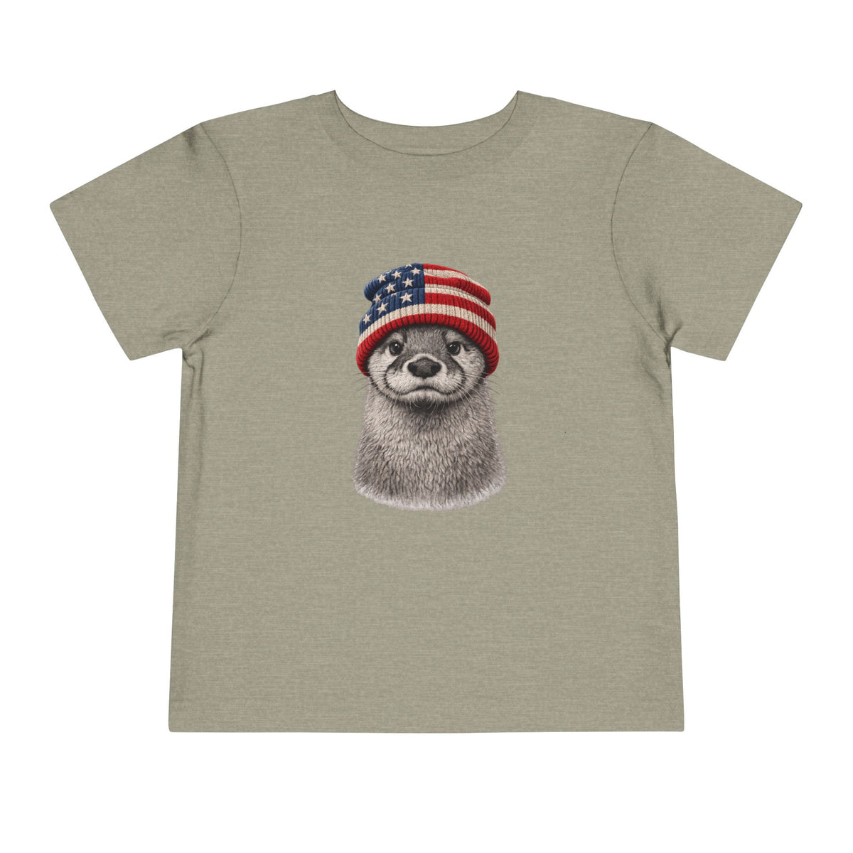 Otter in a USA flag knitted beanie, on a heather stone toddler shirt