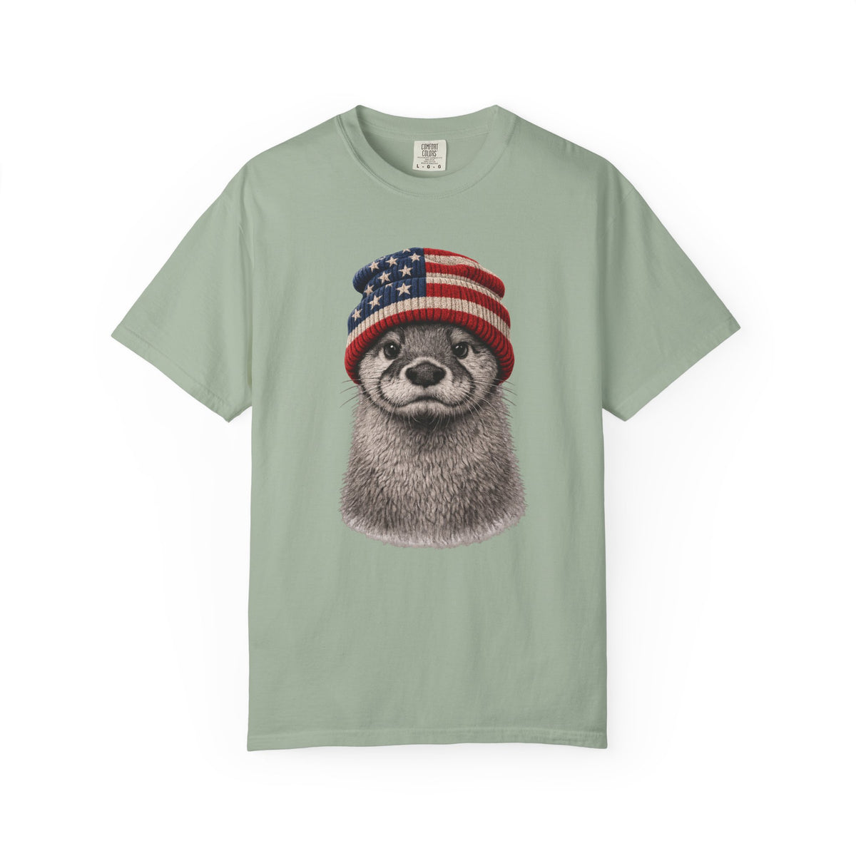 Otter in a USA flag knitted beanie, on a bay green women's shirt