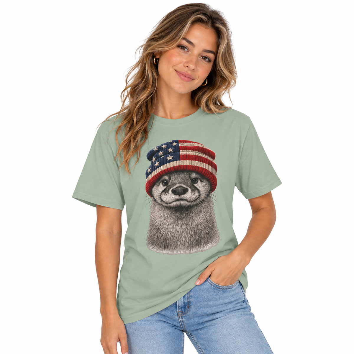 USA beanie otter design on a women's Comfort Colors shirt