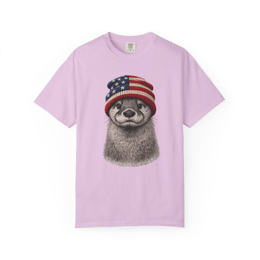 Otter in a USA flag knitted beanie, on an orchid purple women's shirt