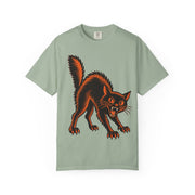 Vintage Black Cat Halloween design on a bay green women's shirt
