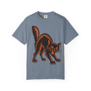 Vintage Black Cat Halloween design on a blue jean women's shirt