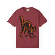 Vintage Black Cat Halloween design on a chili red women's shirt