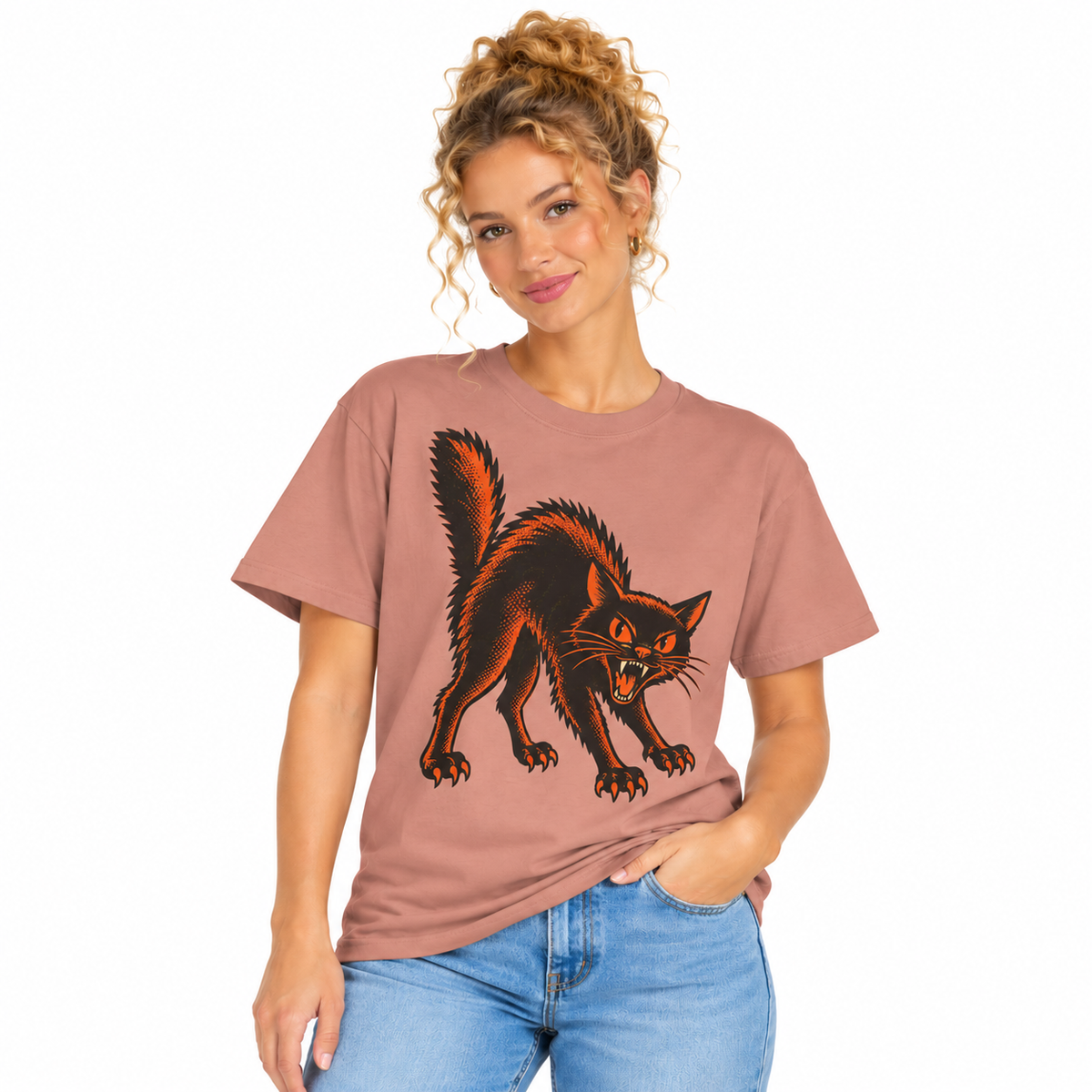 Vintage Black Cat Halloween shirt for women, worn