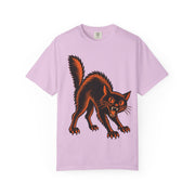 Vintage Black Cat Halloween design on an orchid women's shirt