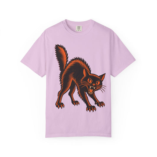 Vintage Black Cat Halloween design on an orchid women's shirt