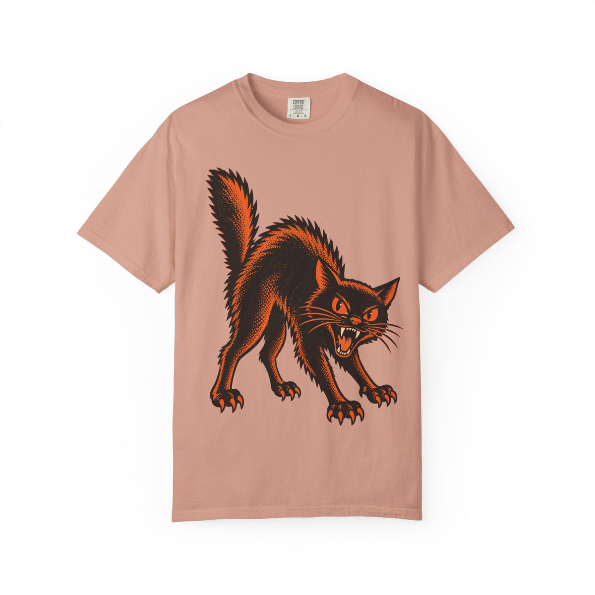 Vintage Black Cat Halloween design on a peachy women's shirt