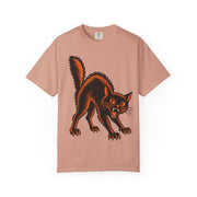 Vintage Black Cat Halloween design on a peachy women's shirt
