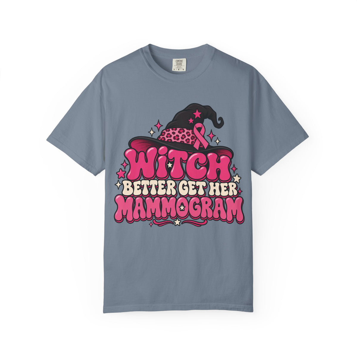 Witch Better Get Her Mammogram pink ribbon design on a blue jean women's shirt