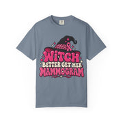 Witch Better Get Her Mammogram pink ribbon design on a blue jean women's shirt