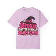 Witch Better Get Her Mammogram pink ribbon design on an orchid purple women's shirt