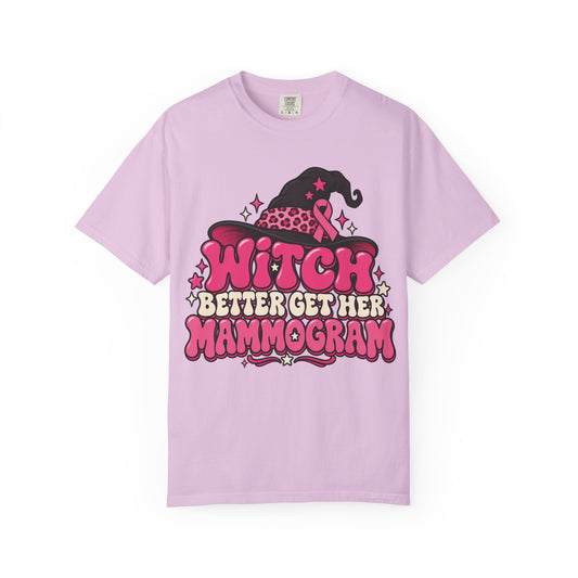Witch Better Get Her Mammogram pink ribbon design on an orchid purple women's shirt
