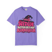 Witch Better Get Her Mammogram pink ribbon design on a violet women's shirt