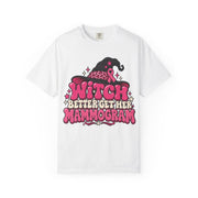 Witch Better Get Her Mammogram pink ribbon design on a white women's shirt