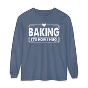 Baking It's How I Hug chest print on a blue jean women's long sleeve shirt