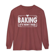 Baking It's How I Hug chest print on a brick red women's long sleeve shirt