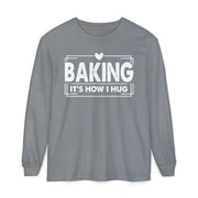 Baking It's How I Hug chest print on a grey women's long sleeve shirt