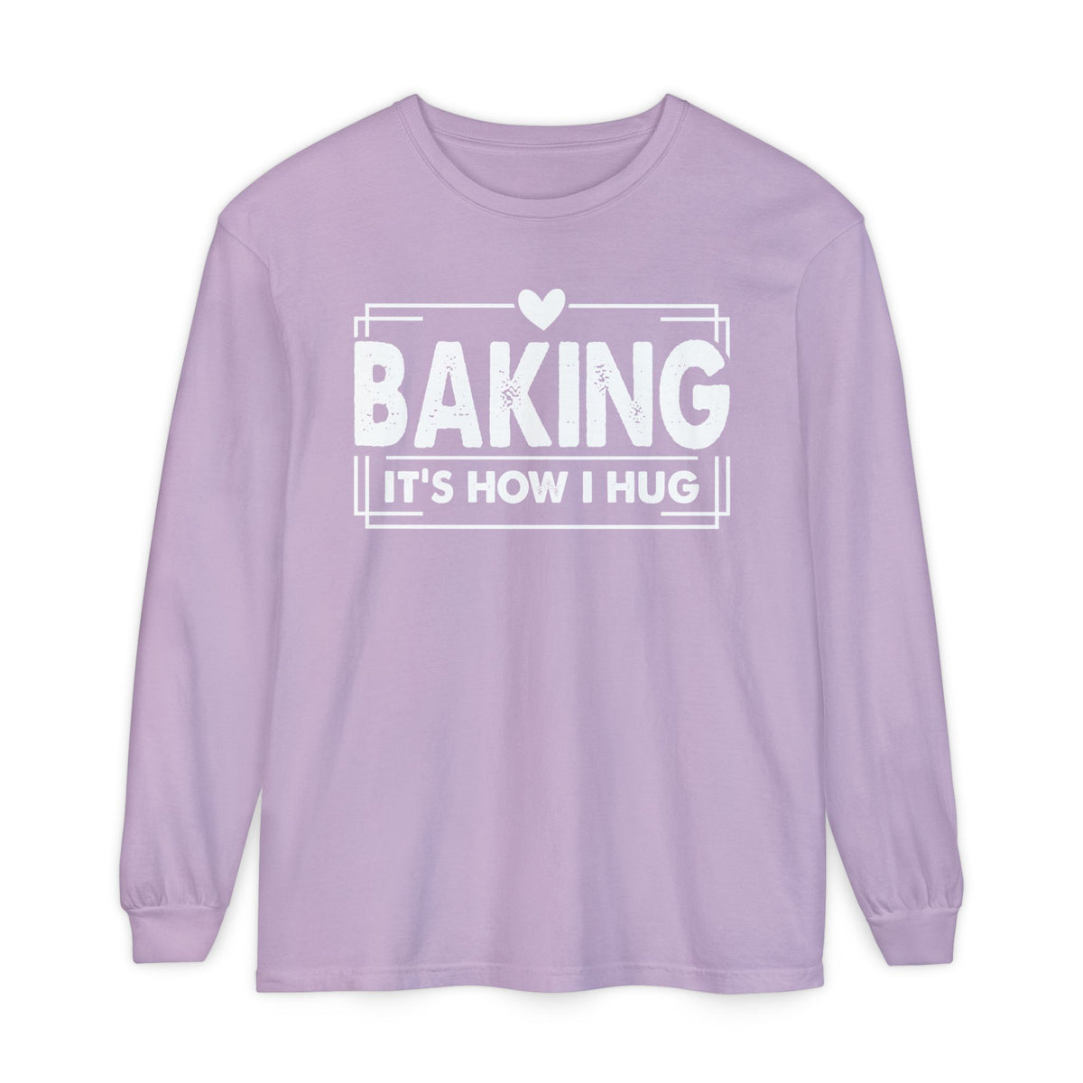 Baking It's How I Hug chest print on an orchid purple women's long sleeve shirt