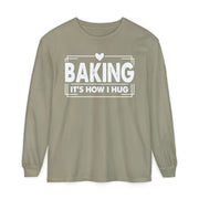 Baking It's How I Hug chest print on a sandstone women's long sleeve shirt