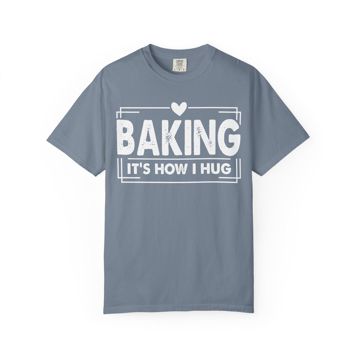 Baking It's How I Hug chest print on a blue jean women's shirt