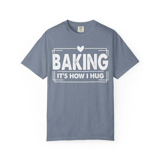 Baking It's How I Hug chest print on a blue jean women's shirt