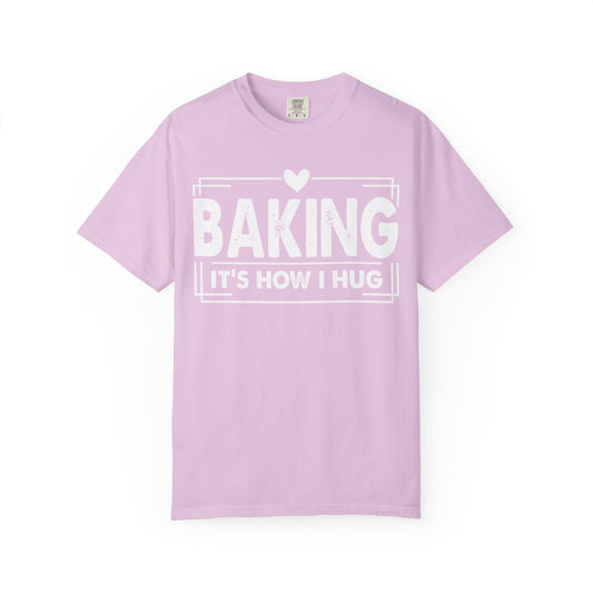 Baking It's How I Hug chest print on an orchid purple women's shirt