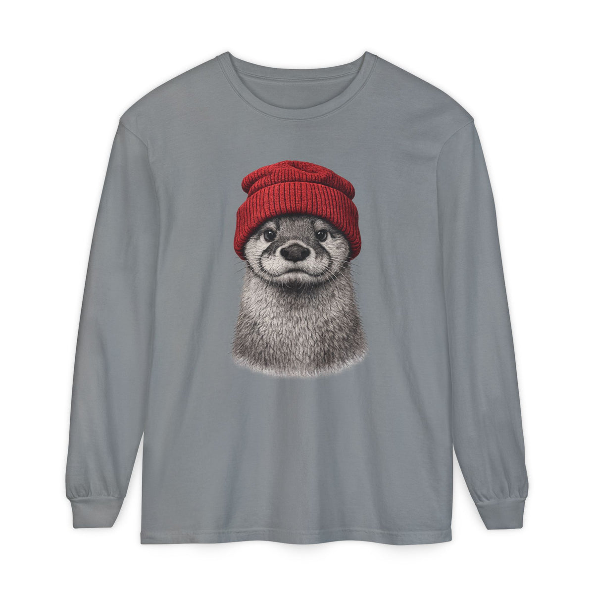 Hand-drawn otter in a red knitted beanie, printed on a grey women's long sleeve shirt