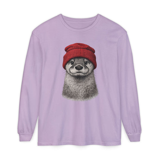 Hand-drawn otter in a red knitted beanie, printed on an orchid purple women's long sleeve shirt