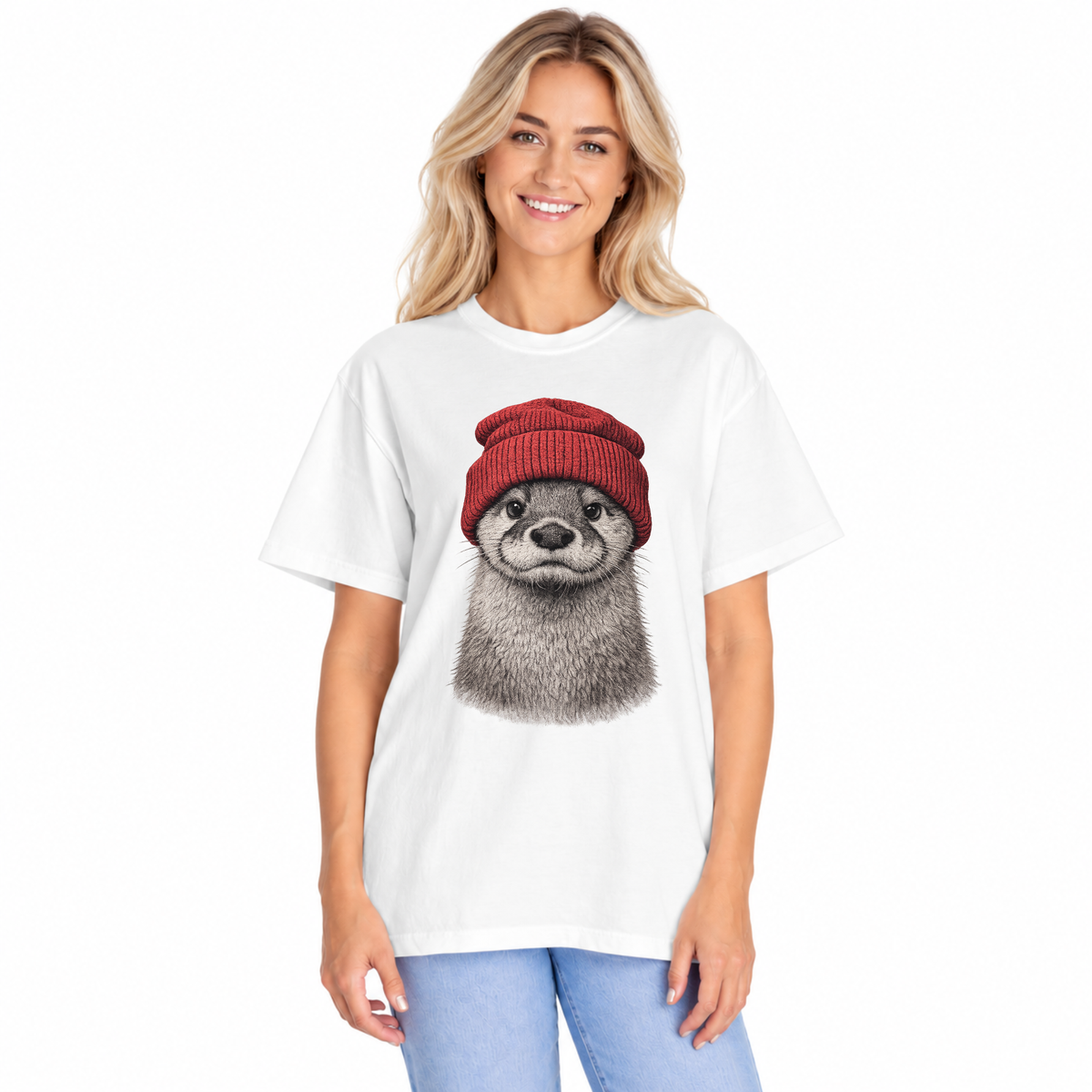 Beanie otter print on a garment-dyed women's shirt
