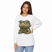 Bearded dragon in glasses on a garment-dyed women's long sleeve shirt