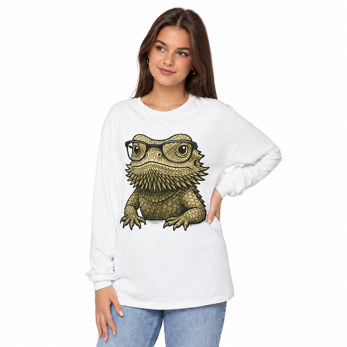 Bearded dragon in glasses on a garment-dyed women's long sleeve shirt