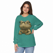 Bearded dragon in glasses on a garment-dyed women's long sleeve shirt