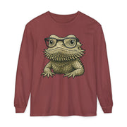 Bearded dragon in glasses, printed on a brick red women's long sleeve shirt