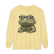 Bearded dragon in glasses, printed on a butter yellow women's long sleeve shirt
