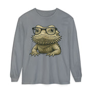 Bearded dragon in glasses, printed on a grey women's long sleeve shirt