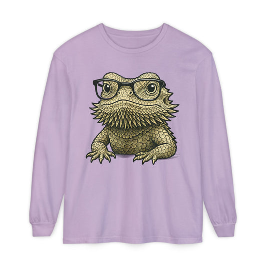 Bearded dragon in glasses, printed on an orchid purple women's long sleeve shirt