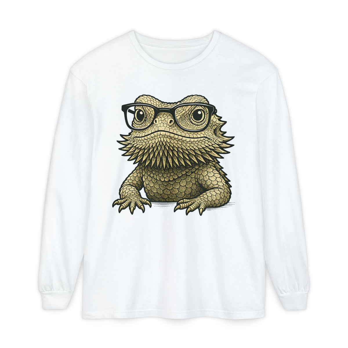 Bearded dragon in glasses, printed on a white women's long sleeve shirt