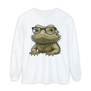 Bearded dragon in glasses, printed on a white women's long sleeve shirt