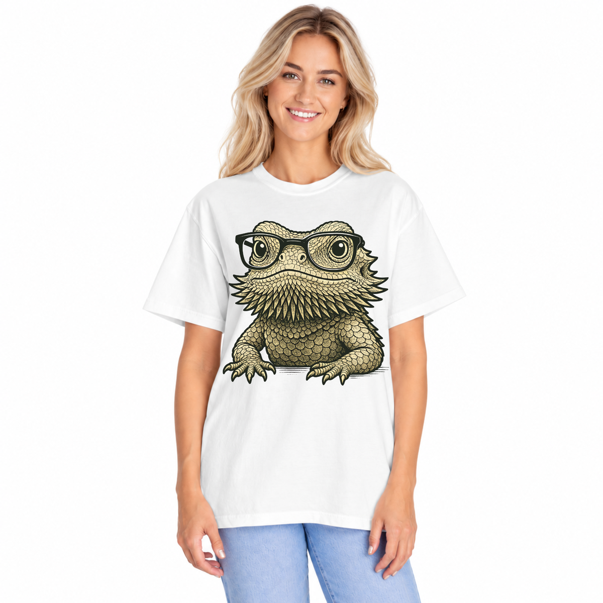 Bearded dragon in glasses on a garment-dyed women's shirt
