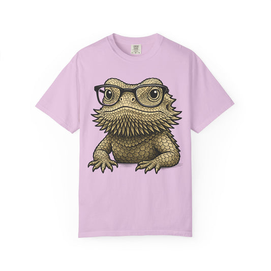 Bearded dragon in glasses, printed on an orchid purple women's shirt